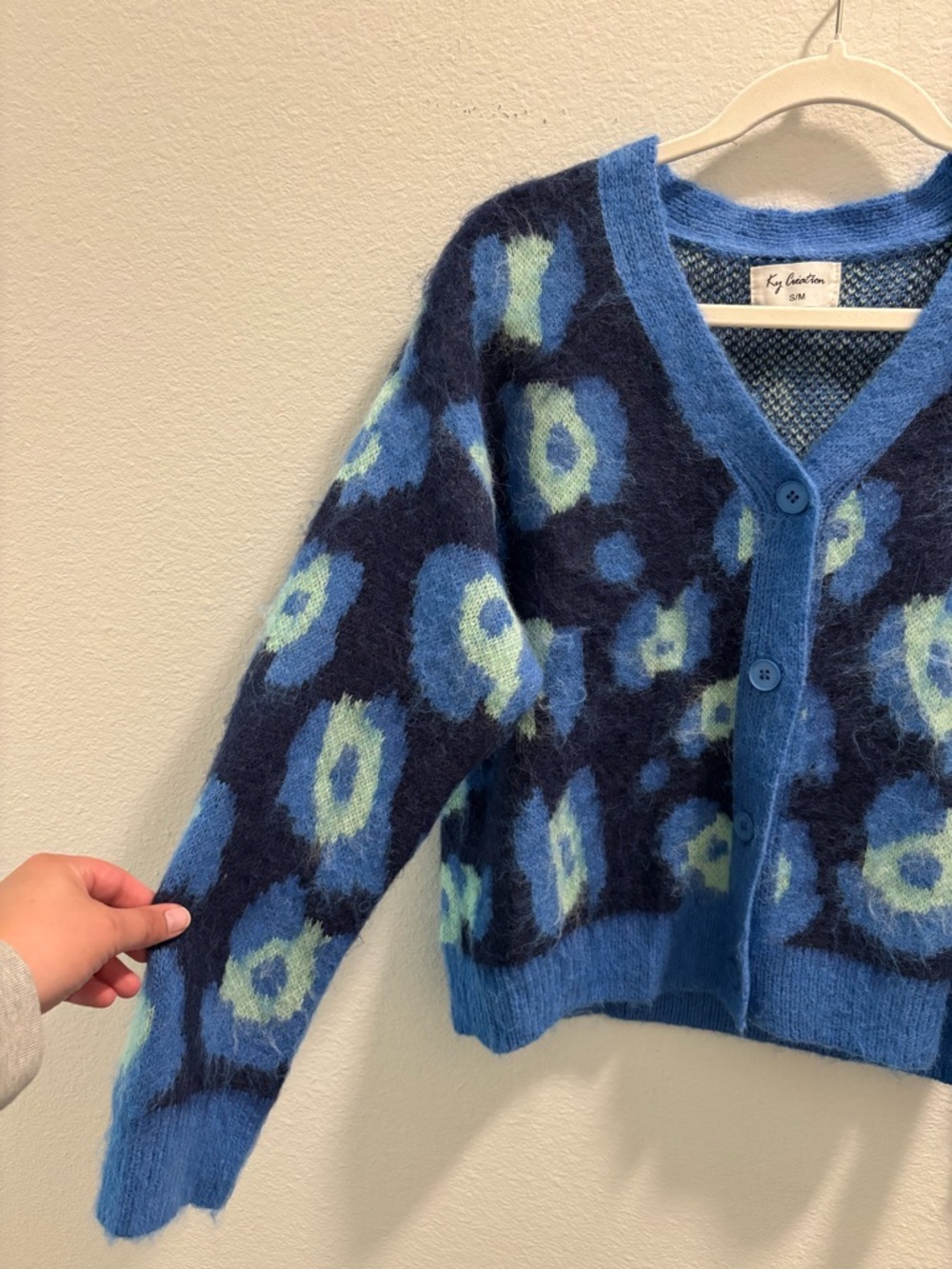 Ky Création Blue Patterned V-Neck Cardigan Sweater, size S/M - Picture 2 of 7